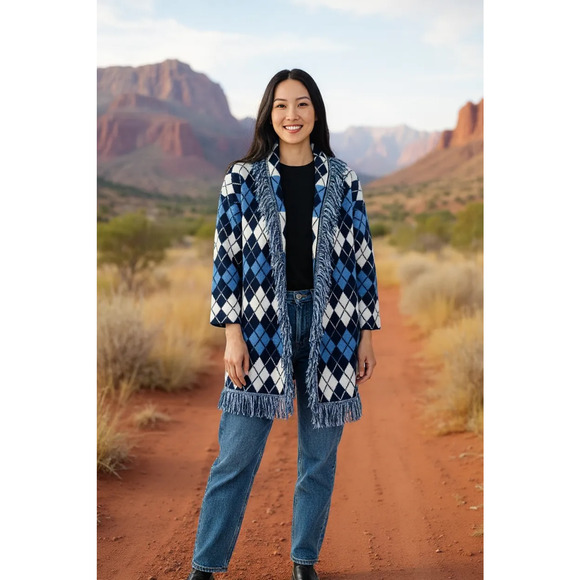 Cider Cardigan Sweater Womens Medium Blue White Argyle Fringe Open Front Duster - Picture 1 of 7